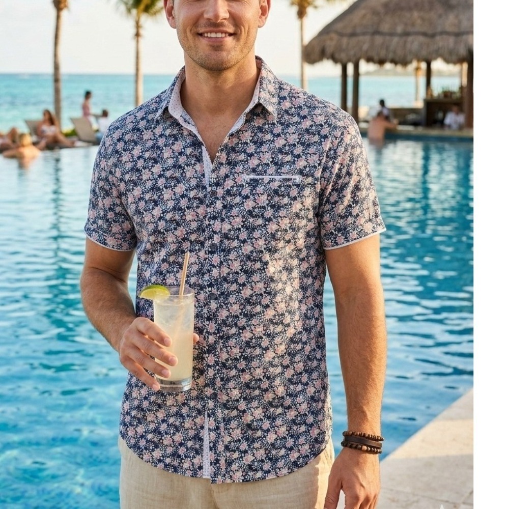 JB Holt Button Down Shirt Navy Blue Pink Floral Short Sleeve Stretch Mens Medium